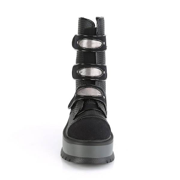 Demonia Women's Slacker-101 Platform Mid Calf Boots - Black Vegan Leather/Canvas D8720-69US Clearance